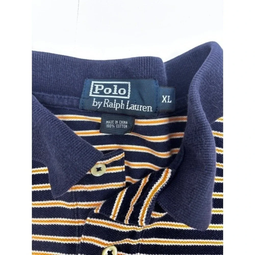 Polo Ralph Lauren Mens XL Stripe Polo Shirt Navy Orange‎ Cotton Pique Short Slv